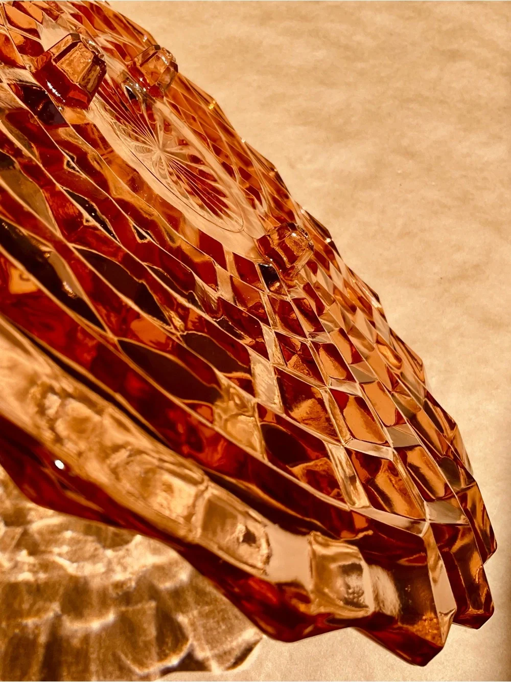 Vintage ❉ Art Deco Cube Cubist Serving Dish Platter in Pink Depression Glass